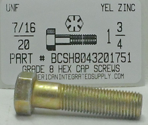 7/16-20X1-3/4 HEX HEAD CAP SCREW GRADE 8 STEEL YELLOW ZINC PLATED