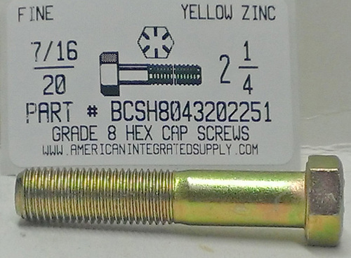 7/16-20X2-1/4 HEX HEAD CAP SCREW GRADE 8 STEEL YELLOW ZINC PLATED