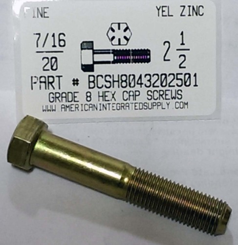 7/16-20X2-1/2 HEX HEAD CAP SCREW GRADE 8 STEEL YELLOW ZINC PLATED