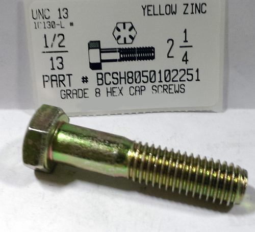 1/2-13X2-1/4 HEX HEAD CAP SCREW GRADE 8 STEEL YELLOW ZINC PLATED