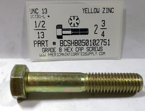 1/2-13X2-3/4 HEX HEAD CAP SCREW GRADE 8 STEEL YELLOW ZINC PLATED