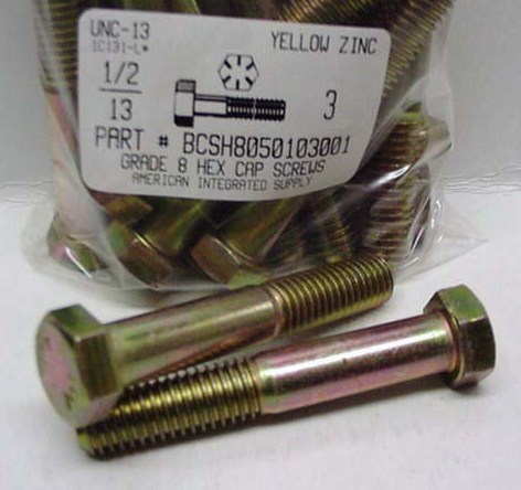 1/2-13X3 HEX HEAD CAP SCREW GRADE 8 STEEL YELLOW ZINC PLATED