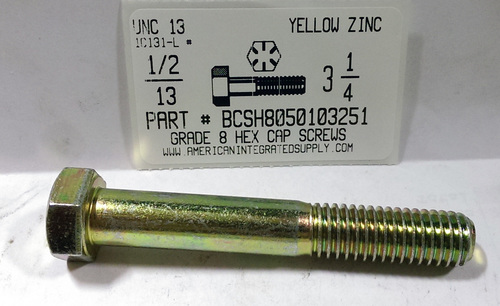 1/2-13X3-1/4 HEX HEAD CAP SCREW GRADE 8 STEEL YELLOW ZINC PLATED