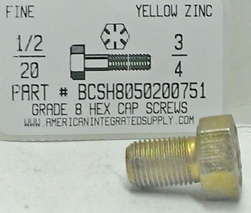 1/2-20X3/4 HEX HEAD CAP SCREW GRADE 8 STEEL YELLOW ZINC PLATED