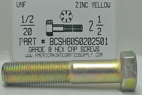 1/2-20X2-1/2 HEX HEAD CAP SCREW GRADE 8 STEEL YELLOW ZINC PLATED