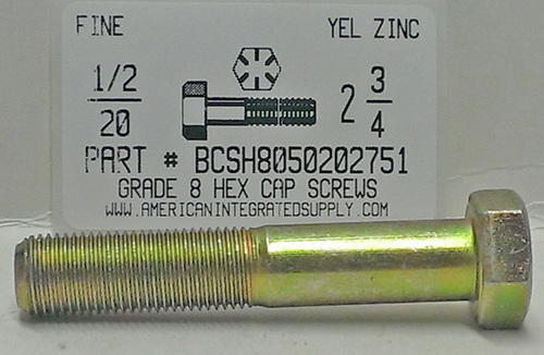 1/2-20X2-3/4 HEX HEAD CAP SCREW GRADE 8 STEEL YELLOW ZINC PLATED