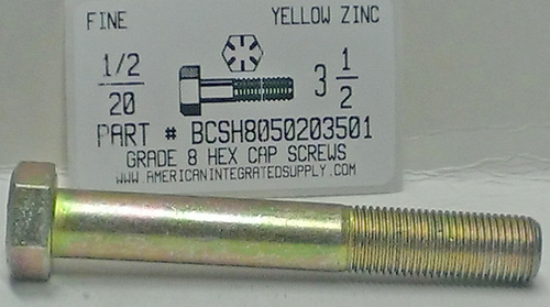 1/2-20X3-1/2 HEX HEAD CAP SCREW GRADE 8 STEEL YELLOW ZINC PLATED