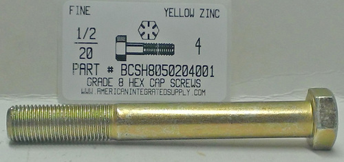 1/2-20X4 HEX HEAD CAP SCREW GRADE 8 STEEL YELLOW ZINC PLATED