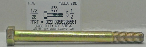 1/2-20X5-1/2 HEX HEAD CAP SCREW GRADE 8 STEEL YELLOW ZINC PLATED