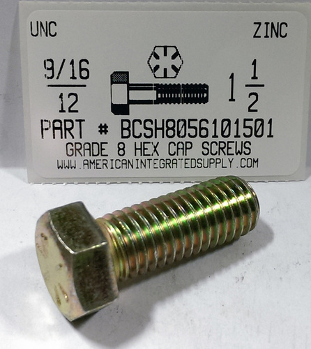 9/16-12X1-1/2 HEX HEAD CAP SCREW GRADE 8 STEEL YELLOW ZINC PLATED