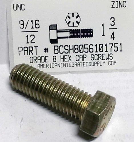 9/16-12X1-3/4 HEX HEAD CAP SCREW GRADE 8 STEEL YELLOW ZINC PLATED