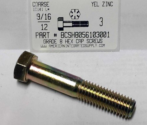 9/16-12X3 HEX HEAD CAP SCREW GRADE 8 STEEL YELLOW ZINC PLATED