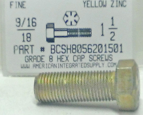 9/16-18X1-1/2 HEX HEAD CAP SCREW GRADE 8 STEEL YELLOW ZINC PLATED