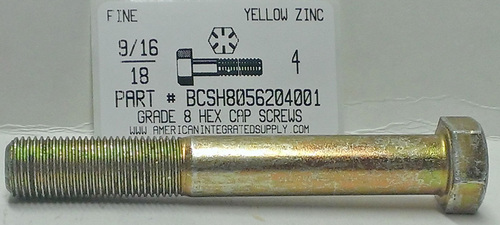 9/16-18X4 HEX HEAD CAP SCREW GRADE 8 STEEL YELLOW ZINC PLATED