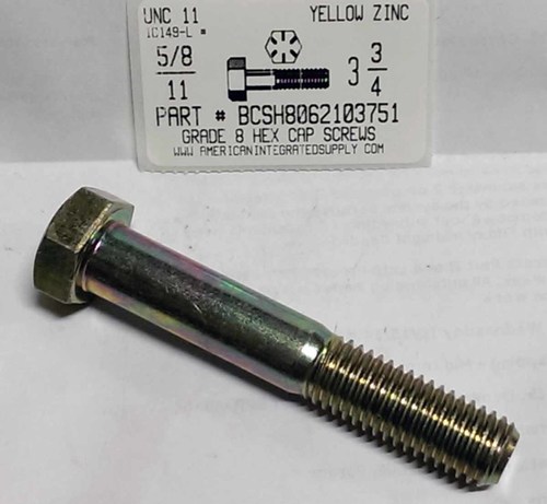 5/8-11X3-3/4 HEX HEAD CAP SCREW GRADE 8 STEEL YELLOW ZINC PLATED