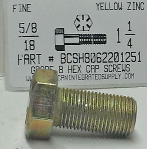 5/8-18X1-1/4 HEX HEAD CAP SCREW GRADE 8 STEEL YELLOW ZINC PLATED