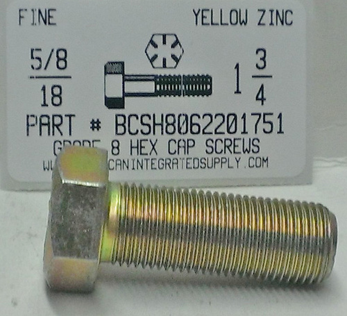 5/8-18X1-3/4 HEX HEAD CAP SCREW GRADE 8 STEEL YELLOW ZINC PLATED