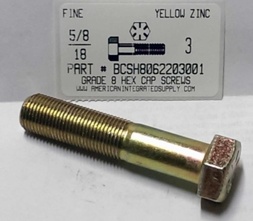 5/8-18X3 HEX HEAD CAP SCREW GRADE 8 STEEL YELLOW ZINC PLATED