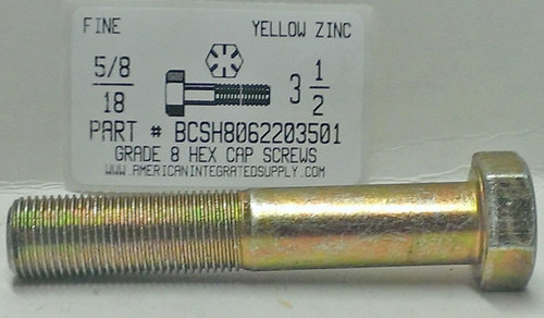 5/8-18X3-1/2 HEX HEAD CAP SCREW GRADE 8 STEEL YELLOW ZINC PLATED