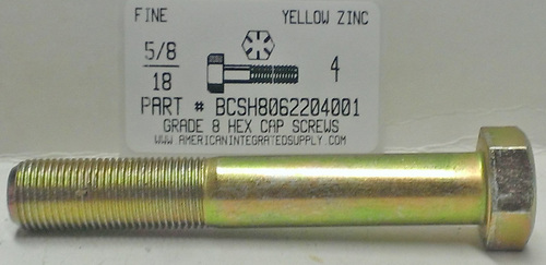 5/8-18X4 HEX HEAD CAP SCREW GRADE 8 STEEL YELLOW ZINC PLATED