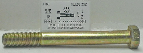 5/8-18X5-1/2 HEX HEAD CAP SCREW GRADE 8 STEEL YELLOW ZINC PLATED