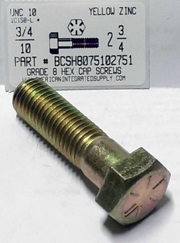 3/4-10X2-3/4 HEX HEAD CAP SCREW GRADE 8 STEEL YELLOW ZINC PLATED