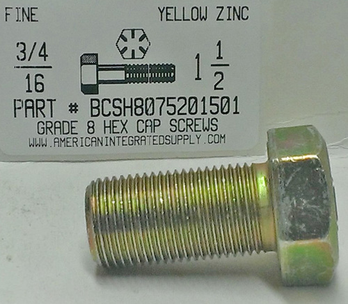 3/4-16X1-1/2 HEX HEAD CAP SCREW GRADE 8 STEEL YELLOW ZINC PLATED