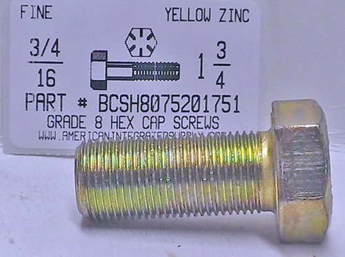 3/4-16X1-3/4 HEX HEAD CAP SCREW GRADE 8 STEEL YELLOW ZINC PLATED