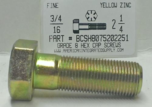 3/4-16X2-1/4 HEX HEAD CAP SCREW GRADE 8 STEEL YELLOW ZINC PLATED