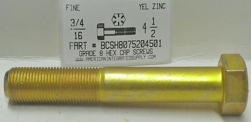 3/4-16X4-1/2 HEX HEAD CAP SCREW GRADE 8 STEEL YELLOW ZINC PLATED