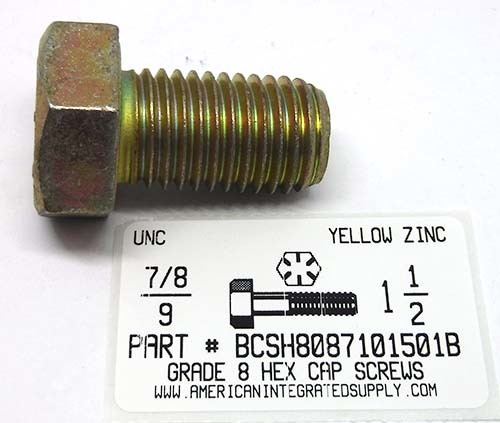 7/8-9X1-1/2 HEX HEAD CAP SCREW GRADE 8 STEEL YELLOW ZINC PLATED