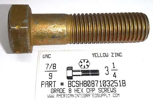 7/8-9X3-1/4 HEX HEAD CAP SCREW GRADE 8 STEEL YELLOW ZINC PLATED