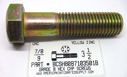 7/8-9X3-1/2 HEX HEAD CAP SCREW GRADE 8 STEEL YELLOW ZINC PLATED