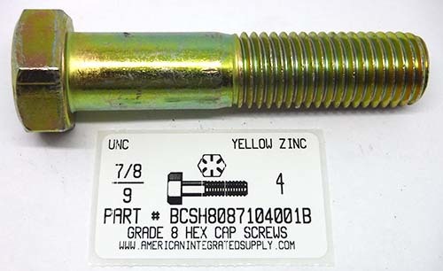 7/8-9X4 HEX HEAD CAP SCREW GRADE 8 STEEL YELLOW ZINC PLATED