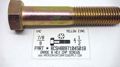 7/8-9X4-1/2 HEX HEAD CAP SCREW GRADE 8 STEEL YELLOW ZINC PLATED