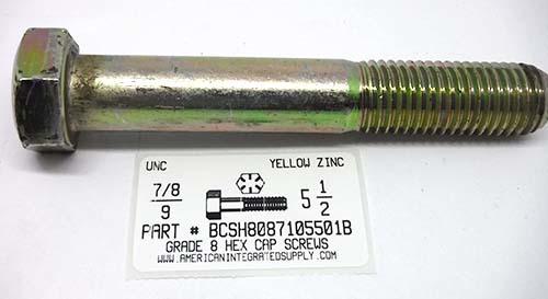 7/8-9X5-1/2 HEX HEAD CAP SCREW GRADE 8 STEEL YELLOW ZINC PLATED