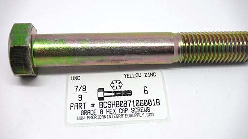 7/8-9X6 HEX HEAD CAP SCREW GRADE 8 STEEL YELLOW ZINC PLATED