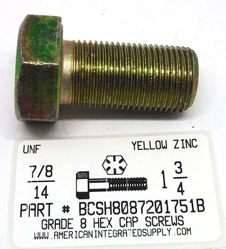 7/8-14X1-3/4 HEX HEAD CAP SCREW GRADE 8 STEEL YELLOW ZINC PLATED