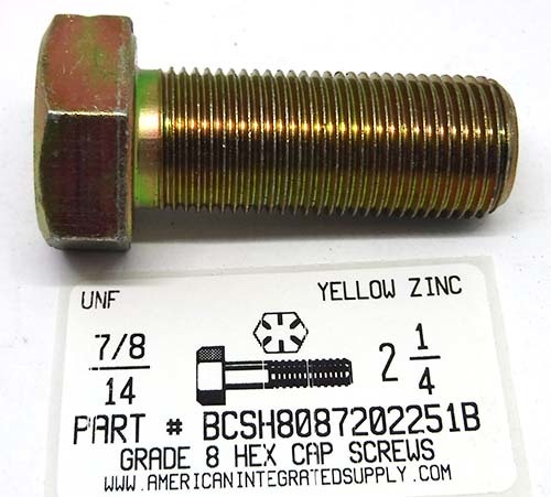 7/8-14X2-1/4 HEX HEAD CAP SCREW GRADE 8 STEEL YELLOW ZINC PLATED