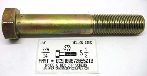 7/8-14X5-1/2 HEX HEAD CAP SCREW GRADE 8 STEEL YELLOW ZINC PLATED