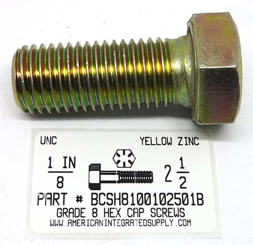 1-8X2-1/2 HEX HEAD CAP SCREW GRADE 8 STEEL YELLOW ZINC PLATED