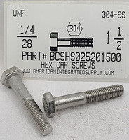 1/4-28X1-1/2 HEX HEAD CAP SCREW 304 STAINLESS STEEL