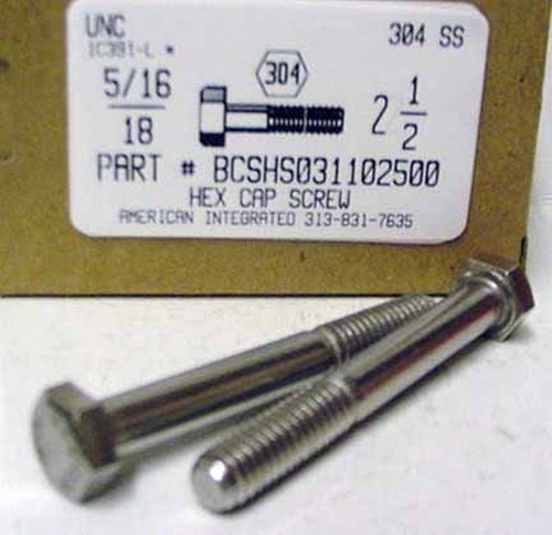 5/16-18X2-1/2 HEX HEAD CAP SCREW 304 STAINLESS STEEL