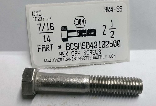 7/16-14X2-1/2 HEX HEAD CAP SCREW 304 STAINLESS STEEL