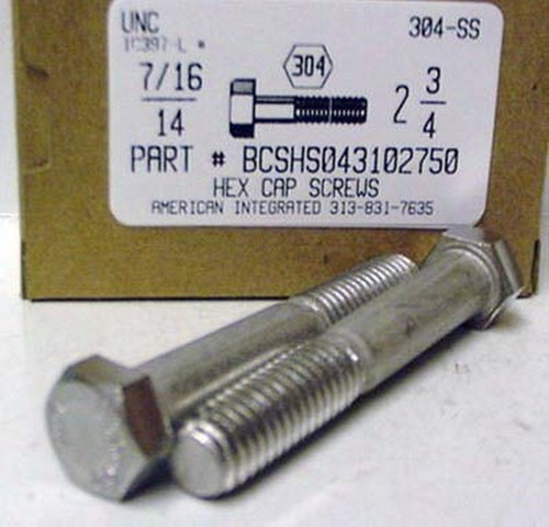 7/16-14X2-3/4 HEX HEAD CAP SCREW 304 STAINLESS STEEL