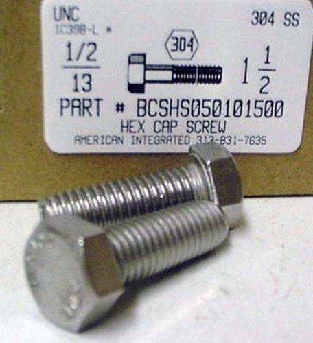 1/2-13X1-1/2 HEX HEAD CAP SCREW 304 STAINLESS STEEL