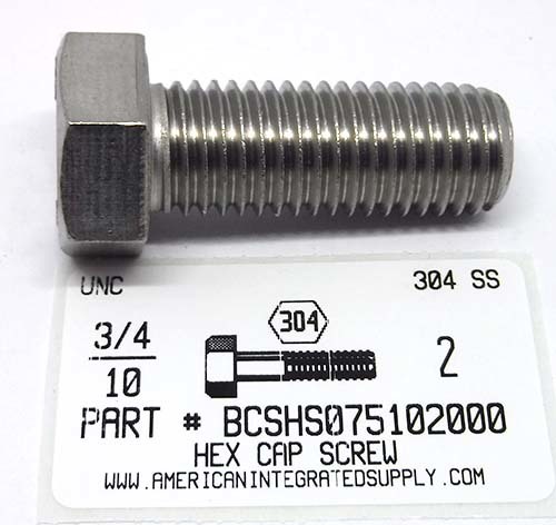 3/4-10X2 HEX HEAD CAP SCREW 304 STAINLESS STEEL