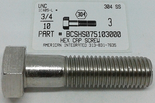 3/4-10X3 HEX HEAD CAP SCREW 304 STAINLESS STEEL