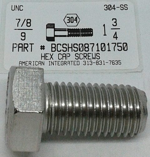 7/8-9X1-3/4 HEX HEAD CAP SCREW 304 STAINLESS STEEL