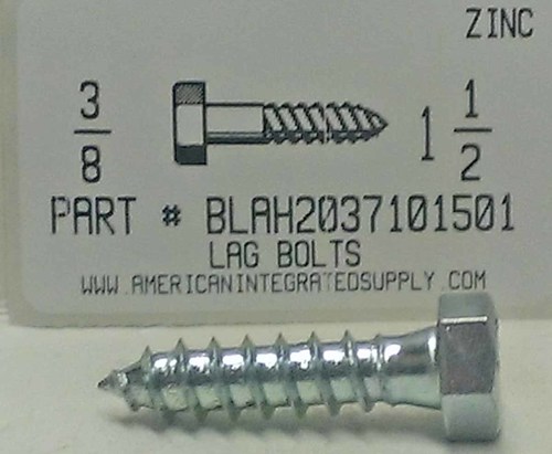 3/8X1-1/2 HEX HEAD LAG BOLT STEEL ZINC PLATED